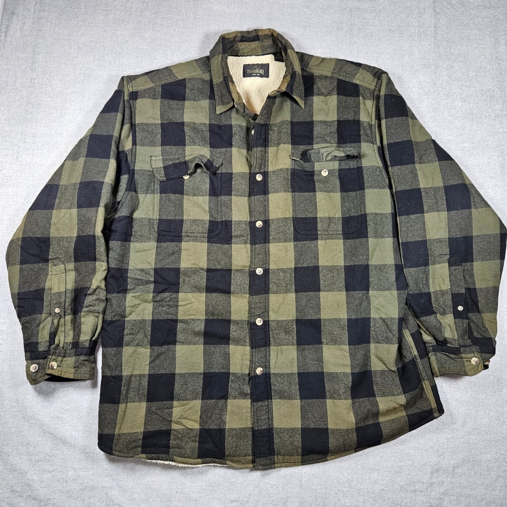 RedHead Mens XL Sherpa Lined Flannel Shirt Jacket Buffalo Plaid Green Black